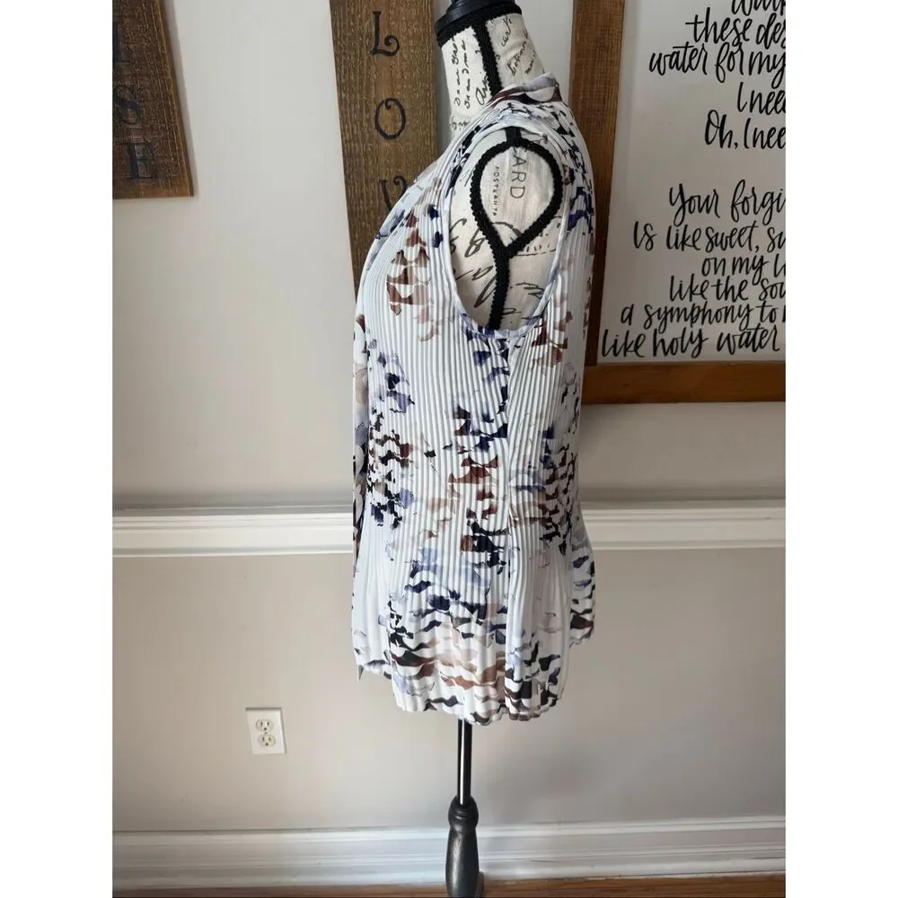 Donna Karan Women's Pleated Tie Neck Sleeveless Blouse Top White Tan Size Large - Picture 3 of 10